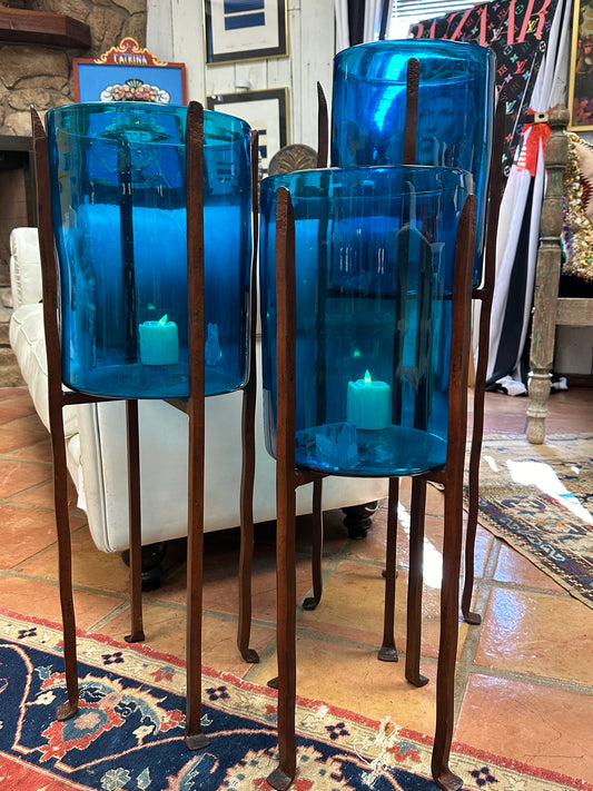 Blue 3 Hurricane Glass Floor Candle Holders (comes as a set)