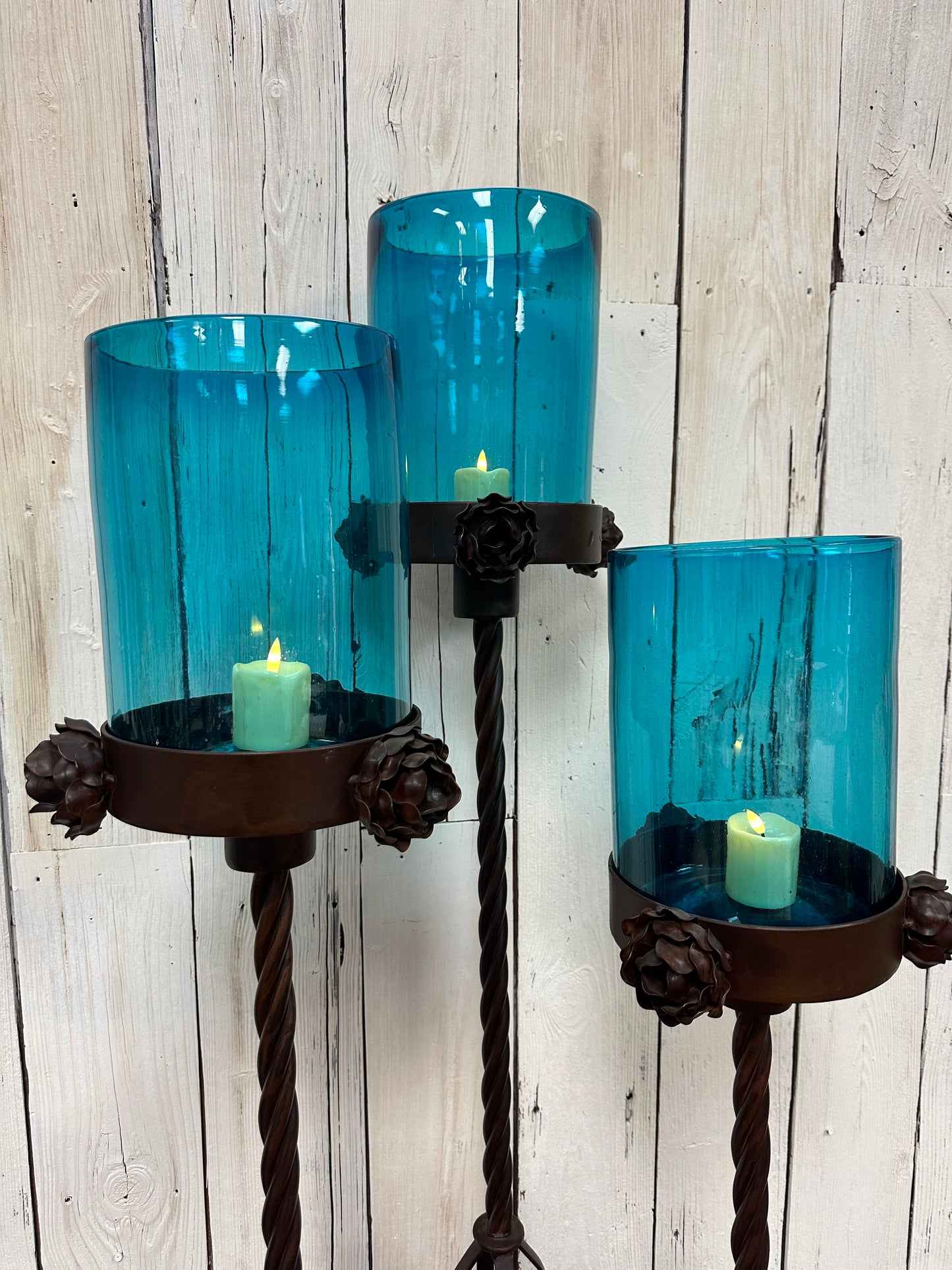 Blue 3 Hurricane Glass Floor Candle Holders(comes as a set)